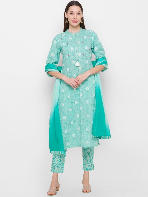 

ZOLA Women Teal Floral Printed Pure Cotton Kurta with Trousers & With Dupatta