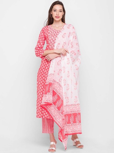 

ZOLA Women Pink Printed Pleated Sequinned Pure Cotton Kurta & Trousers With Dupatta