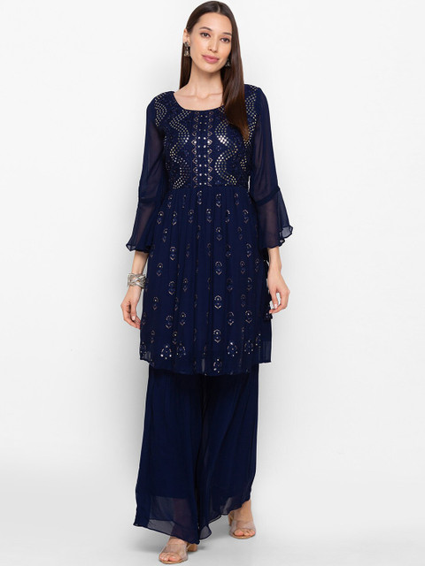 

ZOLA Women Navy Blue Floral Embroidered Mirror Work Kurta with Palazzos