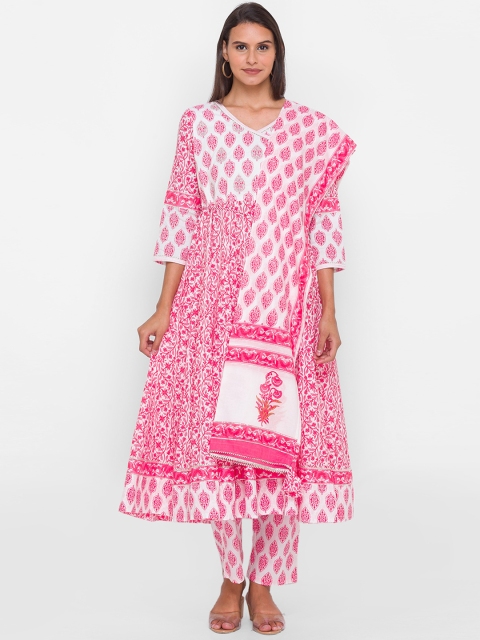 

ZOLA Women Pink & White Ethnic Motifs Printed Pure Cotton Kurta with Trousers & Dupatta