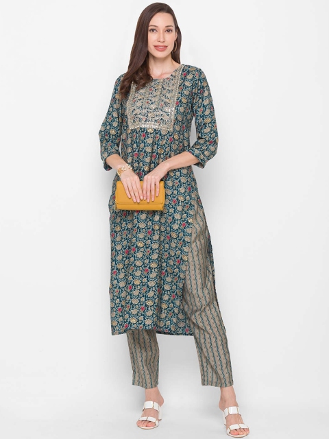 

ZOLA Women Blue & Brown Floral Printed Kurta with Trousers