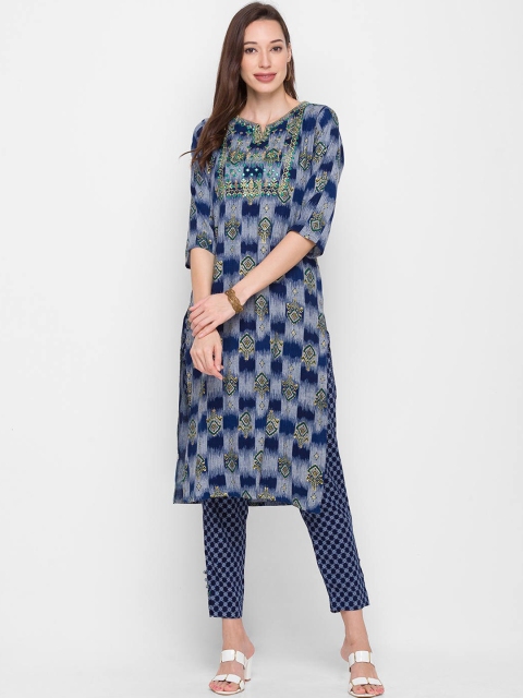 

ZOLA Women Navy Blue & Green Floral Printed Kurta with Trousers