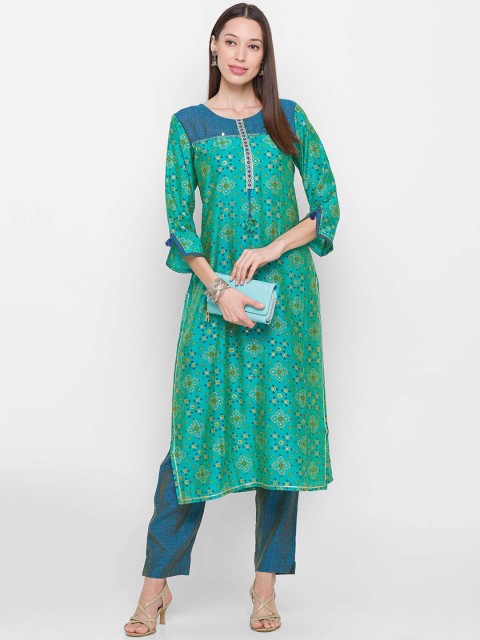

ZOLA Women Turquoise Blue Embroidered Bandhani Printed Kurta with Trousers