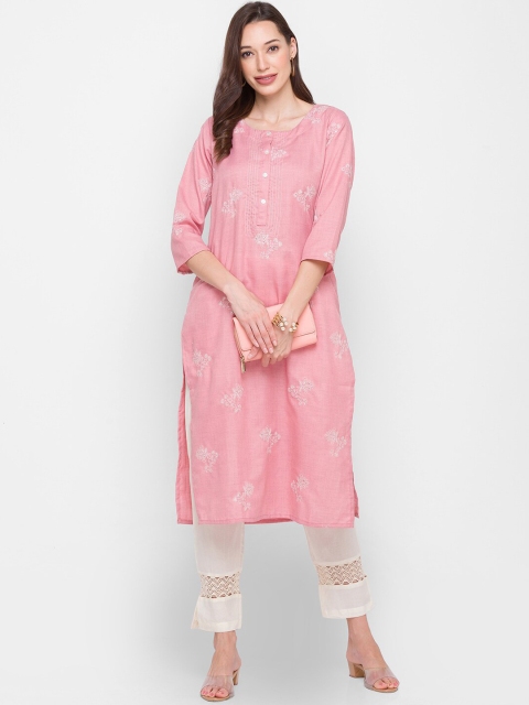 

ZOLA Women Peach-Coloured Floral Embroidered Kurta with Trousers