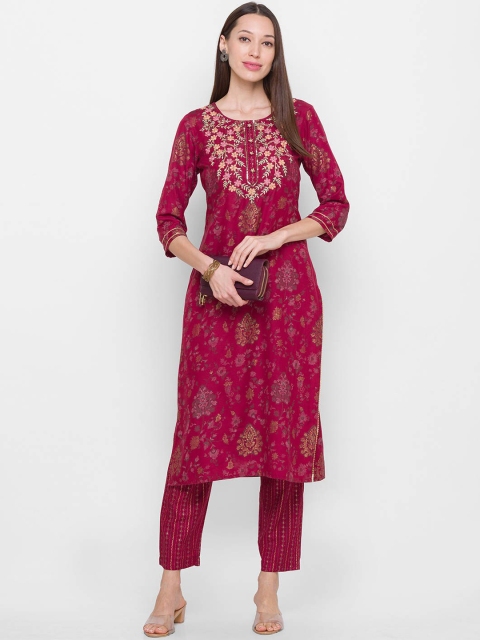 

ZOLA Women Maroon & Golden Ethnic Motifs Printed Thread Work Kurta with Trousers
