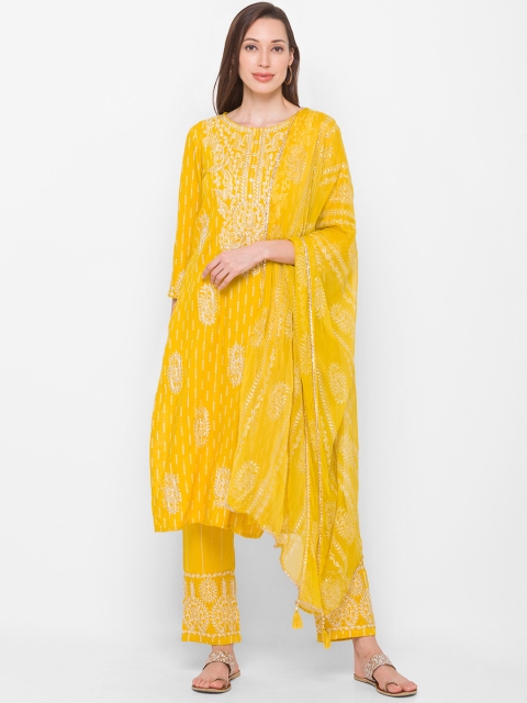 

ZOLA Women Mustard Embroidered Kurta with Trousers & Dupatta