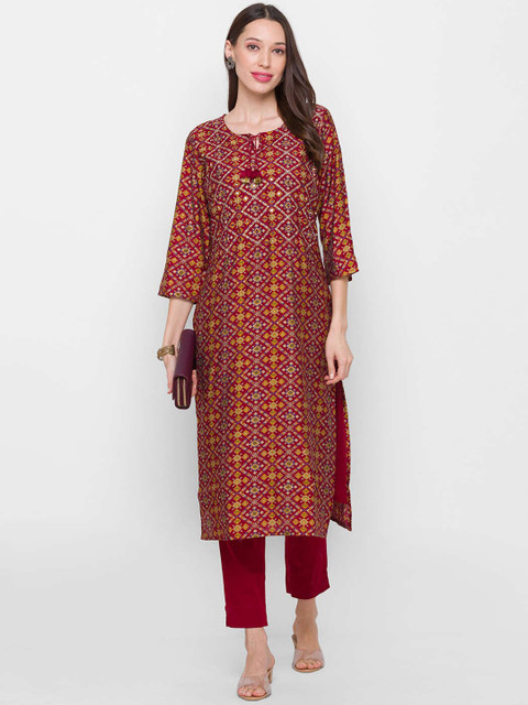 

ZOLA Women Maroon & Yellow Ethnic Motifs Printed Mirror Work Kurta with Trousers