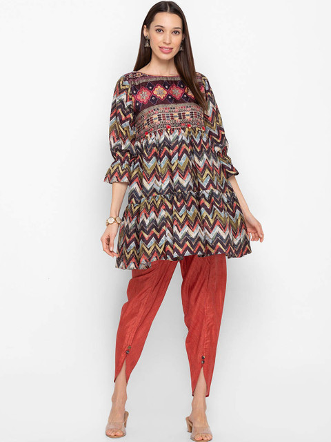 

ZOLA Women Brown Ethnic Motifs Printed Angrakha Kurti with Dhoti Pants