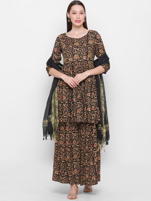 

ZOLA Women Black Floral Printed & Embellished Kurta with Sharara & Dupatta