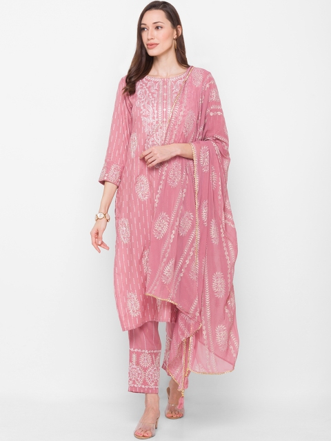 

ZOLA Women Pink Ethnic Motifs Embroidered Top with Trousers & With Dupatta