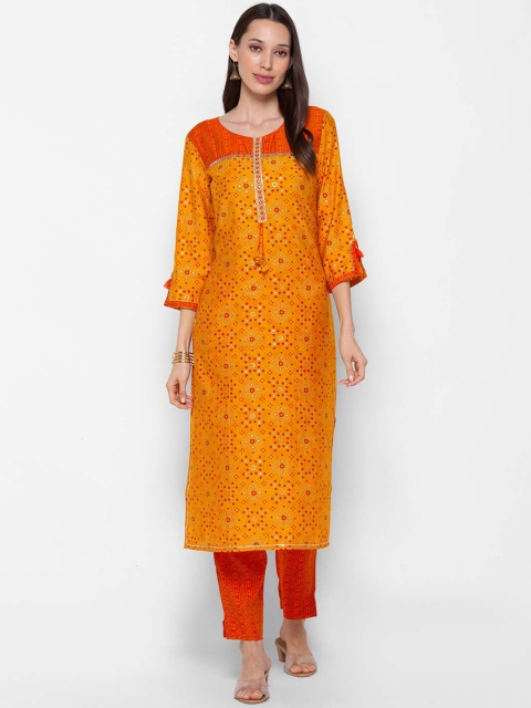 

ZOLA Women Yellow Bandhani Embroidered Mirror Work Kurta with Trousers