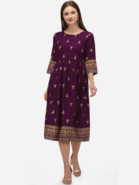 

KALINI Women Purple Ethnic Motifs Printed Flared Sleeves Mirror Work Block Print Kurta