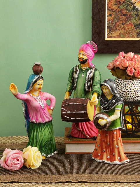 

TIED RIBBONS Set Of 3 Green & Pink Punjabi Bhangra Cultural Couple Statue Showpieces
