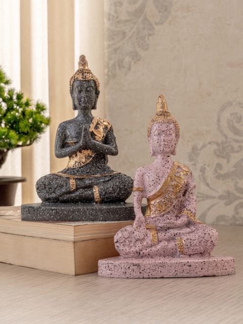 

TIED RIBBONS Set Of 2 Meditaing Buddha Idols Statue Showpieces, Black