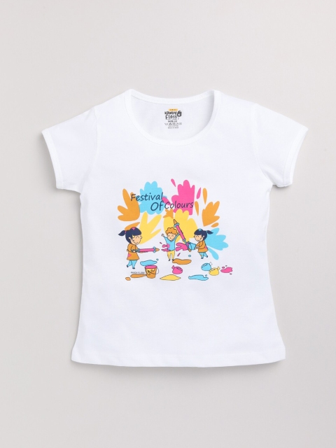 

AMUL Kandyfloss Girls White Printed Pure Cotton Loose T-shirt