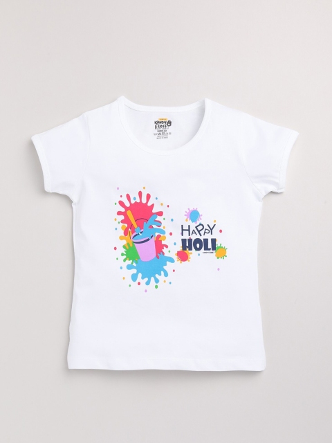 

AMUL Kandyfloss Girls White Typography Printed V-Neck Pure Cotton Applique Loose T-shirt
