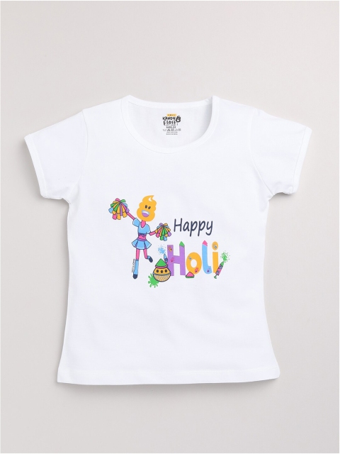 

AMUL Kandyfloss Girls White Printed Pure Cotton Loose T-shirt