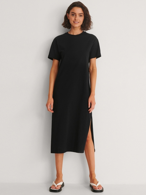 

NA-KD Women Black Solid Pure Cotton T-shirt Slit Midi Dress
