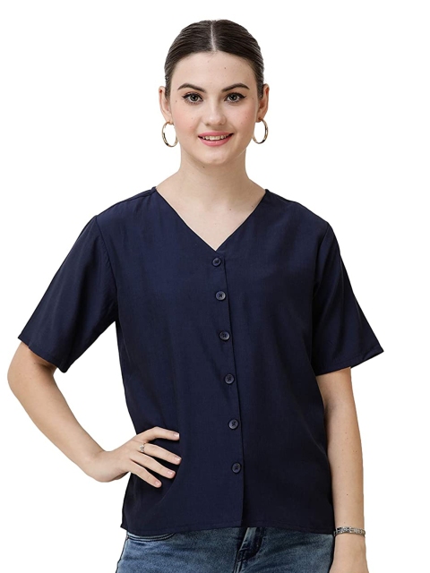 

DECHEN Women Navy Blue Casual Shirt