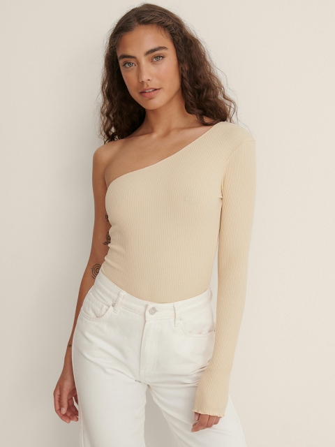 

NA-KD Women Cream Ribbed One Shoulder Top