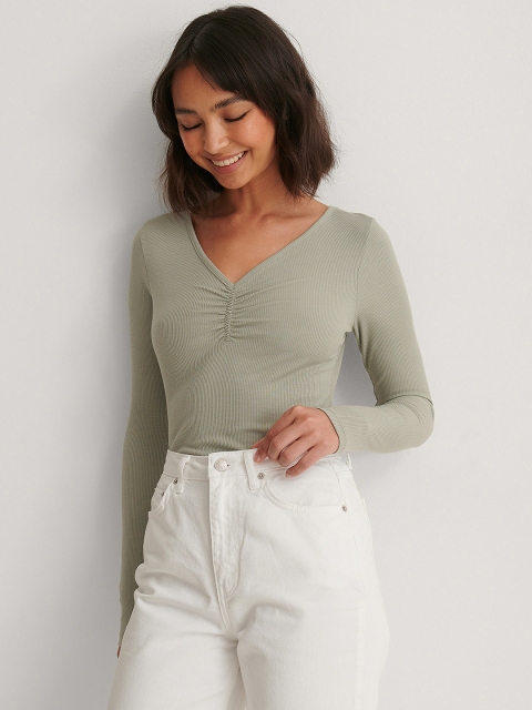 

NA-KD Women Green Ribbed Ruched Top