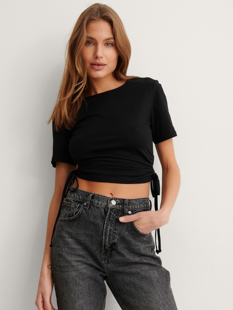 

NA-KD Women Black Pure Cotton Crop Top with Cut-out & Ruched Detail