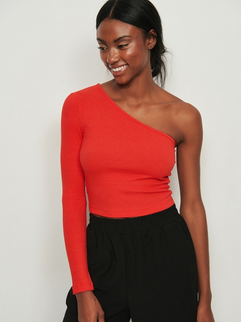 

NA-KD Women Red Ribbed One Shoulder Top