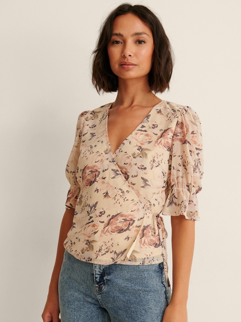 

NA-KD Beige & Brown Floral Print Wrap Top