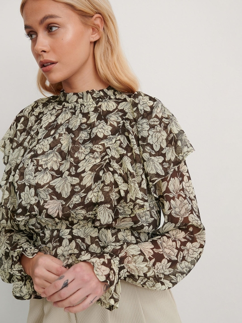 

NA-KD Beige & Brown Floral Print Ruffles Cinched Waist Top