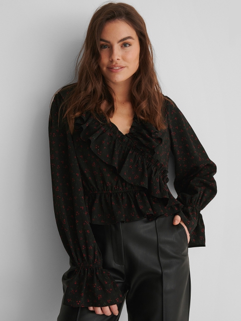 

NA-KD Women Black Floral Print Wrap Top