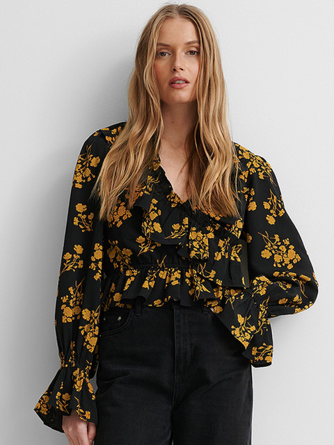 

NA-KD Black & Mustard Yellow Floral Print Ruffles Wrap Top