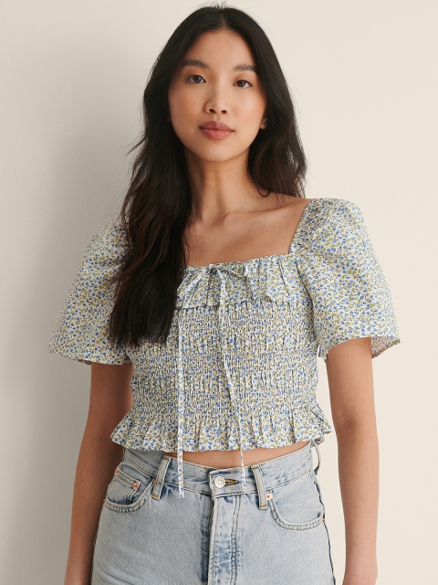 

NA-KD White & Blue Floral Print Ruffles Smocked Crop Cotton Top