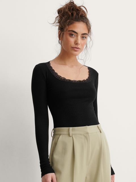

NA-KD Women Black Ribbed Lace Inserts Top