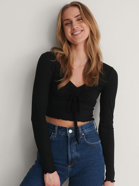 

NA-KD Women Black Ribbed Ruched Crop Top