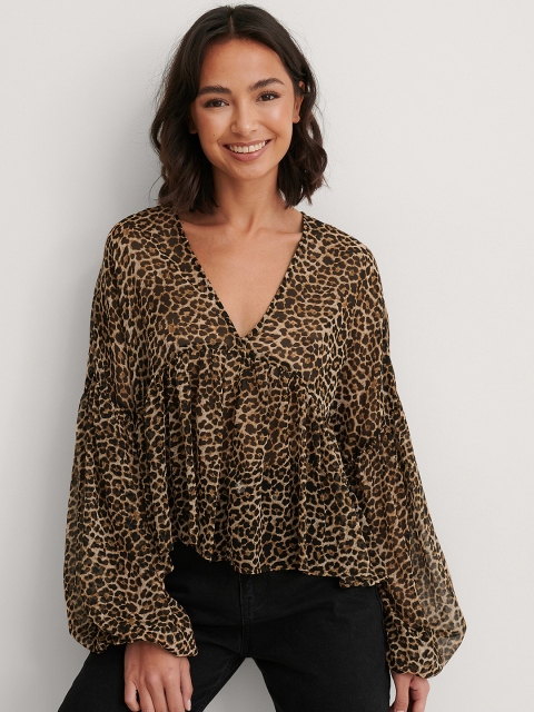 

NA-KD Women Brown & Black Leopard Print Semi-Sheer A-Line Top