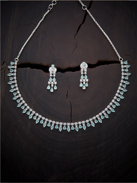 

Kushal's Fashion Jewellery Sea Green Rhodium-Plated Choker Necklace & Earrings