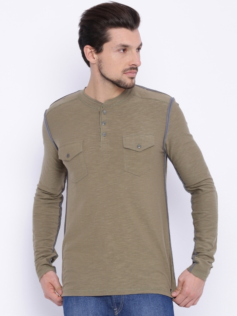 

ARISE Men Olive Brown Solid Henley Neck T-shirt