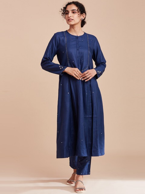 

W Women Blue Embroidered Flared Sleeves Kurta