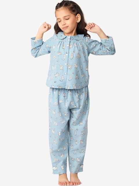 

Fabindia Girls Blue & White Printed Pure Cotton Night suit