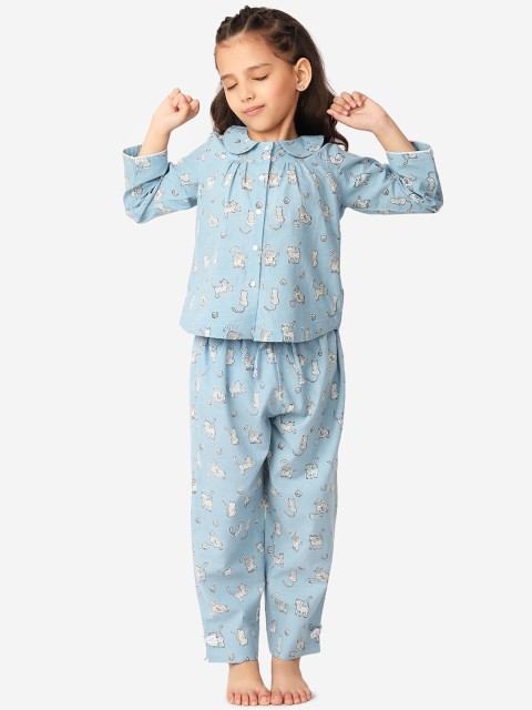 

Fabindia Girls Blue & White Conversational Printed Pure Cotton Night Suit
