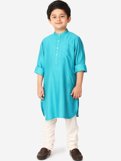 

Fabindia Boys Turquoise Blue Dobby Woven Design A-Line Kurta