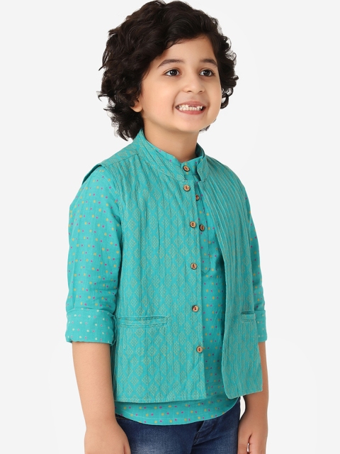 

Fabindia Boys Teal Blue Printed Cotton Kurta With Nehru Jacket