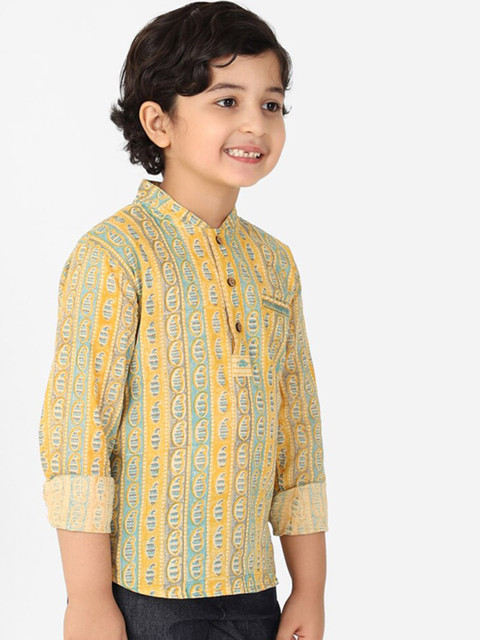 

Fabindia Boys Yellow & Blue Ethnic Motifs Printed Cotton Kurta