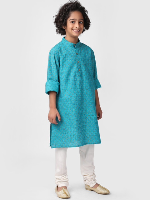 

Fabindia Boys Teal Ethnic Motifs Printed Cotton Kurta