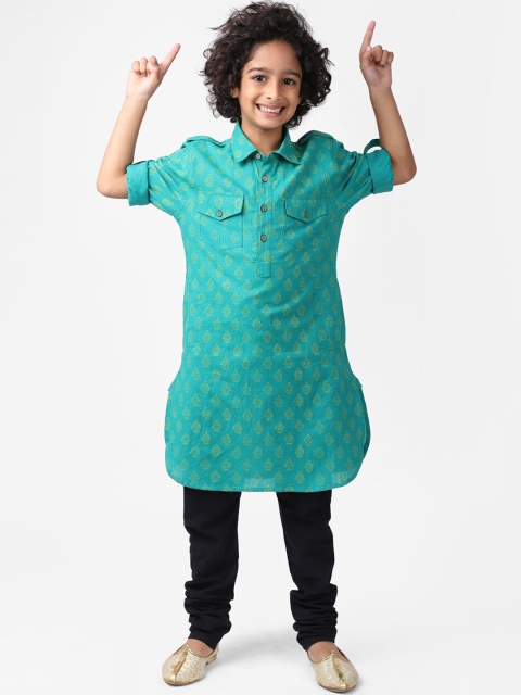 

Fabindia Boys Teal Blue Geometric Printed Cotton Kurta