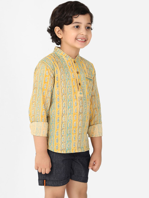 

Fabindia Boys Yellow Ethnic Motif Printed Cotton Short Kurta