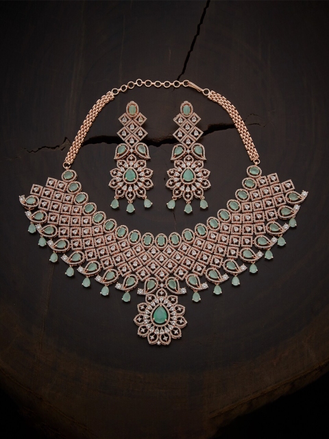 

Kushal's Fashion Jewellery Sea Green Cubic Zirconia Studded Rose-Gold Plated Jewelry Set