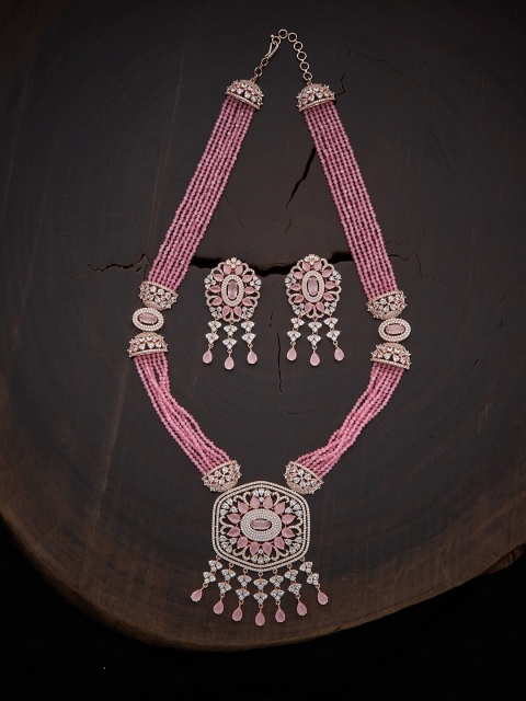 

Kushal's Fashion Jewellery Pink Cubic Zirconia Studded Rose-Gold Plated Jewelry Set
