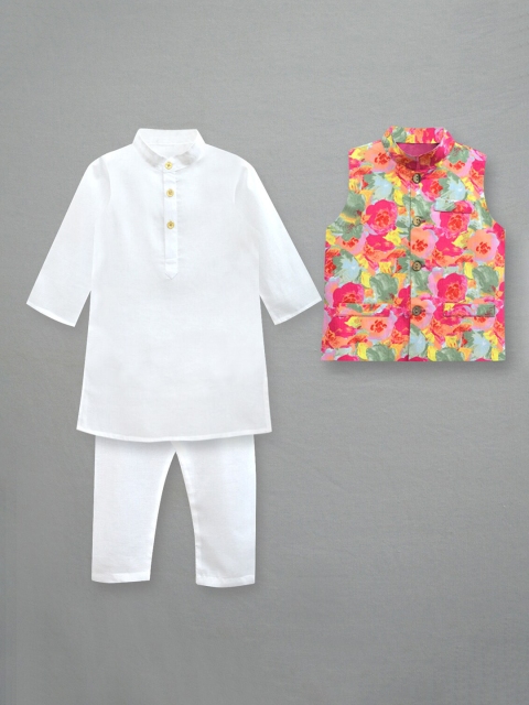 

A.T.U.N. Boys White Pure Cotton Kurta with Pyjamas & Nehru Jacket