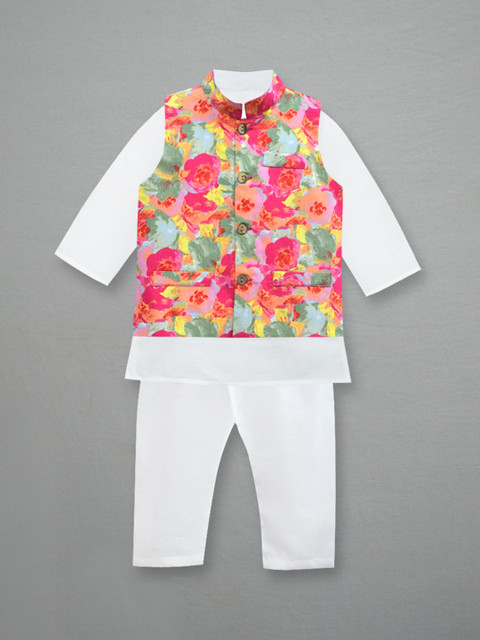 

A T U N Boys White Floral Printed Pure Cotton Kurta & Churidar With Nehru Jacket
